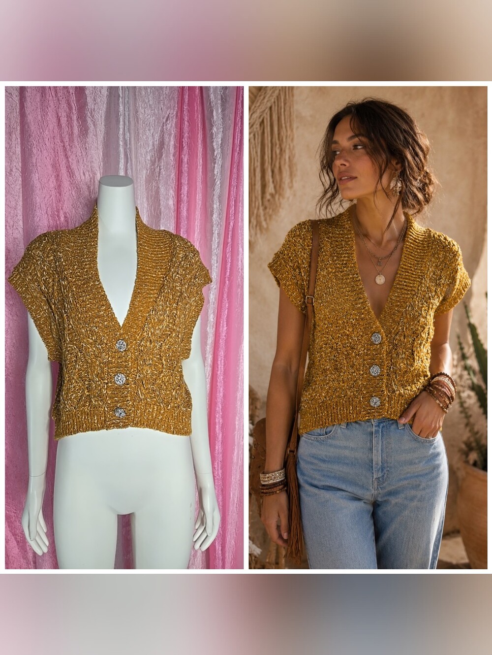 Anthropologie Maeve Gold Heather Knit Rhinestone Buttons Cardigan Vest Size XS